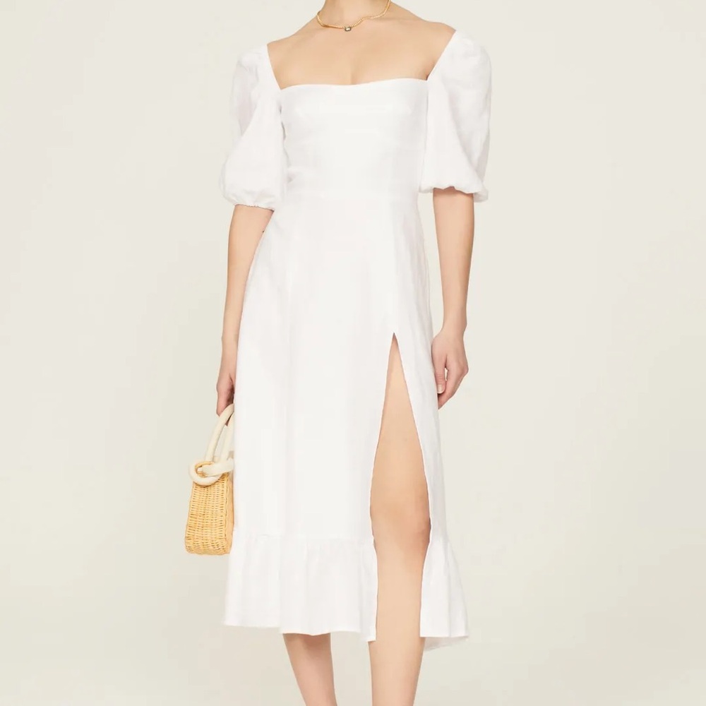 Reformation White Puff Sleeve Midi Dress with Slit